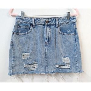 PacSun WM 28 Denim Skirt Distressed Shred 5 Pockets Short Zip Closure Light Wash